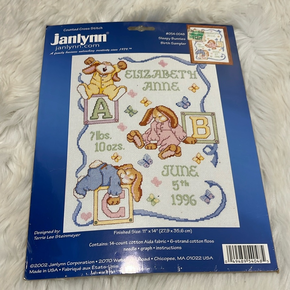 Vintage Jalynn Counted Cross Stitch Sleepy Bunnies Birth Sample # 054-0048 New